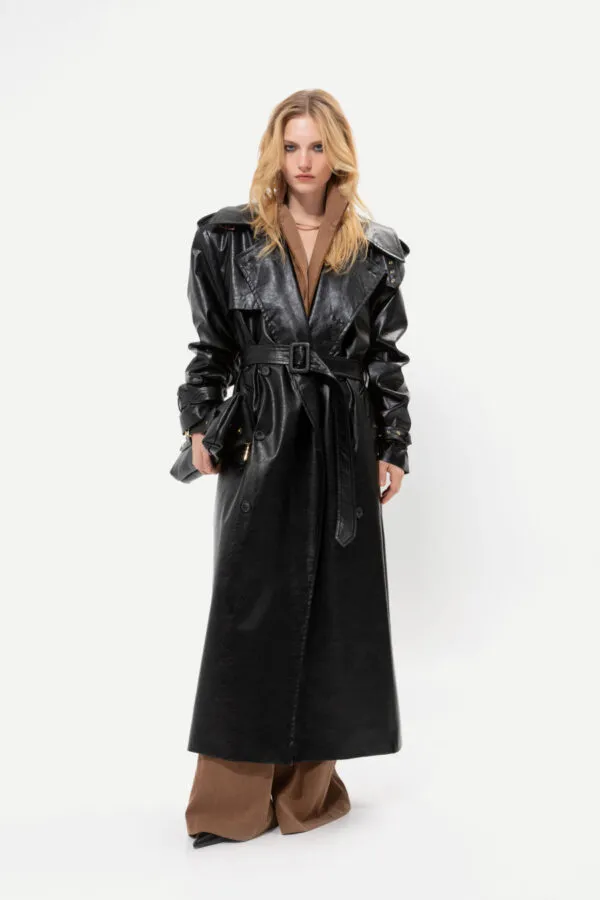 BLACK FAUX LEATHER TRENCH COAT - Image 2