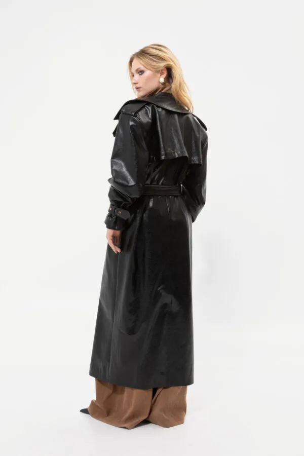 BLACK FAUX LEATHER TRENCH COAT - Image 3
