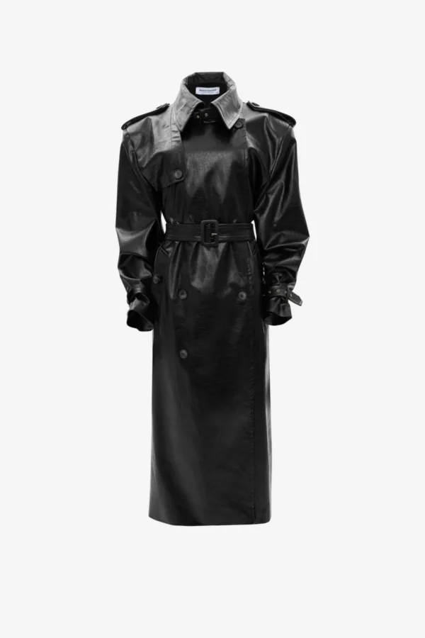 BLACK FAUX LEATHER TRENCH COAT