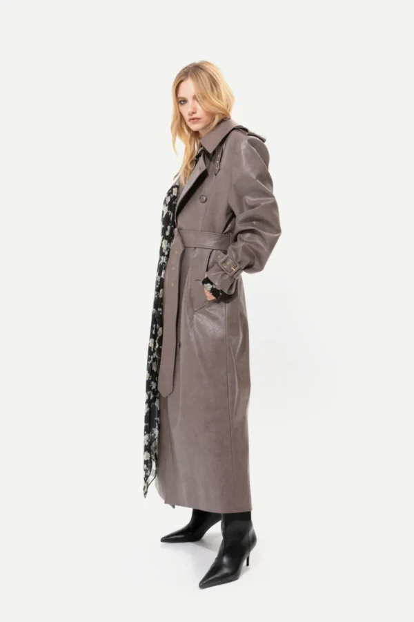 GREY FAUX LEATHER TRENCH COAT - Image 3